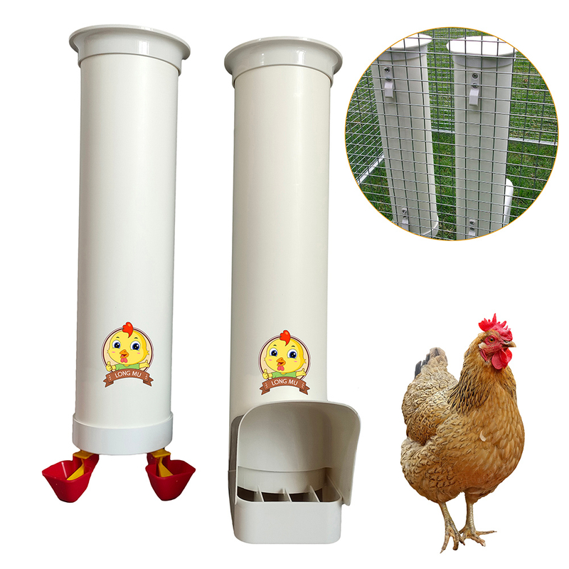 Bebedero y comedero de tubo colgante Cubo de alimentación para aves de corral con cubierta para lluvia Dispositivos de alimentación automática para gallinero Cubo de agua con taza de válvula